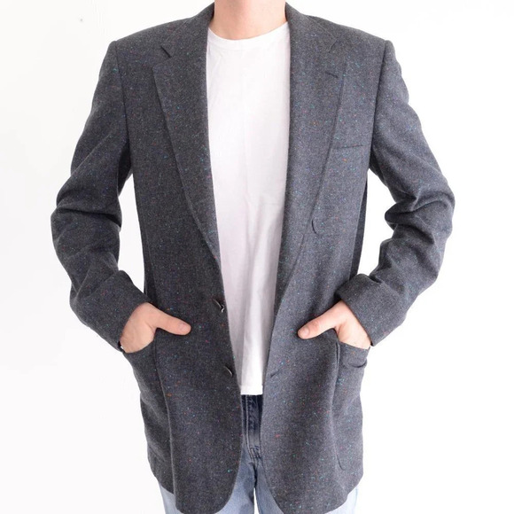 British Open Grey Tweed Multi-colour  Specs Coral Lining 100% Wool Blazer Coat - Picture 1 of 16